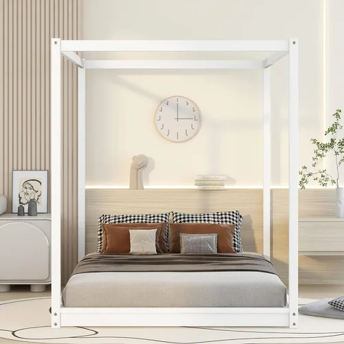 Miniatura 4 de Harper & Bright Designs Cama Queen con dosel de madera con 4 paneles de póster, marco de cama Queen con soporte de listones de madera maciza, cama