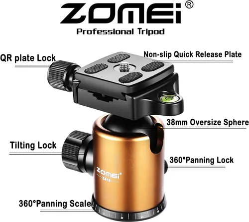 Miniatura 7 de Trípode monopié portátil de aluminio profesional ZOMEi Z818, de 65 pulgadas, con cabezal esférico de 360 grados, placa de liberación rápida de 1/4