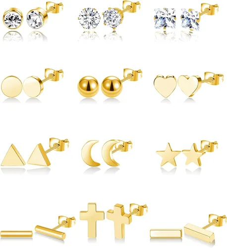 Ofeiyaa - Colección de 12 pares de aretes geométricos tipo dormilona de acero inoxidable con forma de estrella, luna, cruz, bola, triángulo, corazón