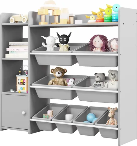 GLACER Organizador de almacenamiento de juguetes para niños, estante de juguetes de 4 niveles con 8 contenedores de almacenamiento de plástico y Gris