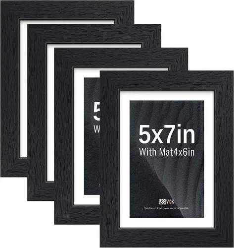 VCK Portarretratos de 5 x 7 pulgadas, 4 unidades, marco de madera negra, vidrio templado, para fotos de 4 x 6 pulgadas con paspartú o 5 x 7 sin