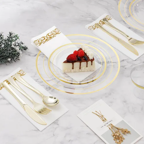 Miniatura 3 de BESTVIP Juego de vajilla desechable de 350 piezas de oro transparente para 50 invitados, platos de plástico para fiestas, bodas, Navidad, incluye