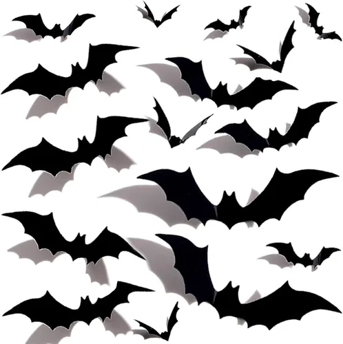Decoración de murciélagos de Halloween, 4 tamaños diferentes 3D realistas de murciélagos de PVC para exteriores, calcomanías de murciélago aterrador