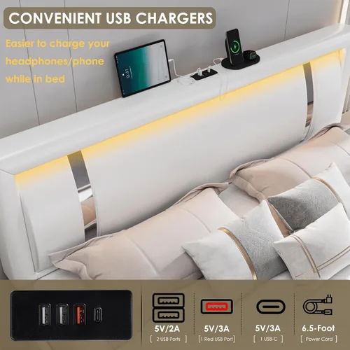 Miniatura 5 de Keyluv Marco de Cama Queen con Cabecero de Luces LED RGB y 2 Cajones de Almacenamiento, Plataforma Inteligente Moderna Tapizada de Cuero Sintético