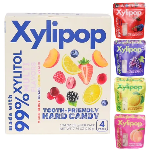Xylipop Paquete variado de 4 caramelos de xilitol aptos para los dientes, fabricados con 3 ingredientes orgánicos, sin azúcar, vegano, aperitivo