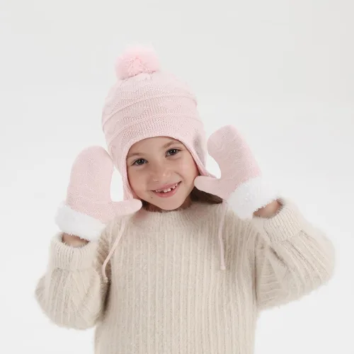 Miniatura 35 de Conjunto de guantes y gorro de invierno para niños, gorro de forro polar cálido, gorro de punto y guantes para niños y niñas