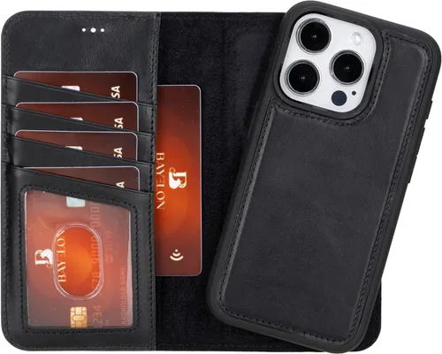 Miniatura 26 de Bayelon Funda tipo cartera para iPhone 15 Pro Max, de cuero de grano completo, cubierta abatible magnética desmontable, tarjetero, funda tipo Marrón