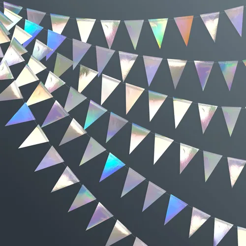 Miniatura 9 de Decoraciones de fiesta blancas de 40 pies, banderín triangular con banderines, banderas de papel blanco nacarado brillante para graduación, boda