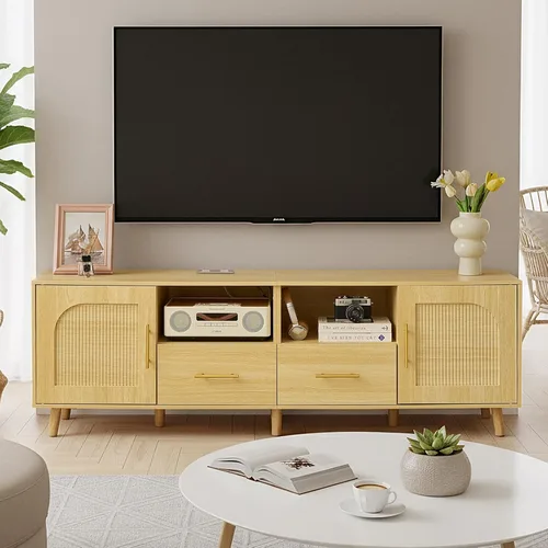 Miniatura 10 de Soporte de TV para TV de 70 pulgadas, centro de entretenimiento de 63 pulgadas con luz LED, tomacorriente, soporte de TV de ratán con estantes