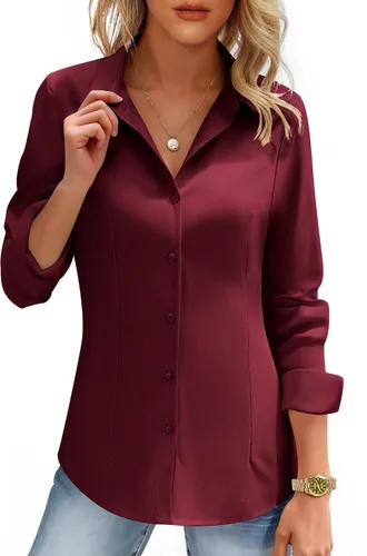 Miniatura 15 de HOTOUCH Camisas de mujer con botones de manga larga, camisa de vestir ajustada, blusas de trabajo, cuello, elegantes, casuales, de negocios