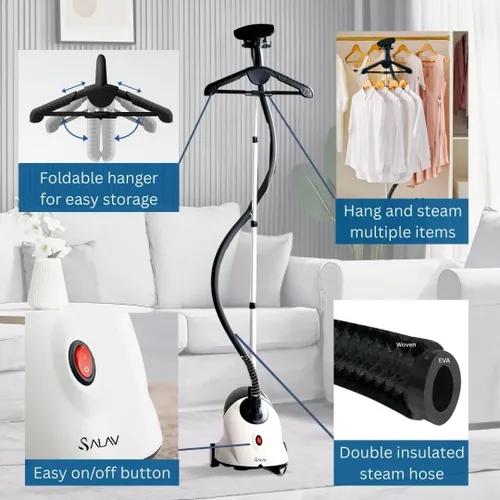 Miniatura 5 de SALAV GS18 - Vaporizador de ropa de tamaño completo, 1500 W de potencia, tanque de agua de 1.8 L, vapor de ropa de 60 minutos, planchar ropa, poste