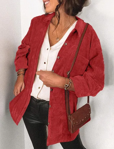 Miniatura 2 de Saslax Camisa de pana para mujer, de manga larga, con botones, cuello en V, holgada, chaqueta