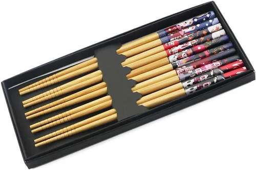 Miniatura 13 de Juego de 5 pares de palillos de bambú, reutilizables, estilo japonés, antideslizantes, juego de palillos clásicos de bambú natural, aptos