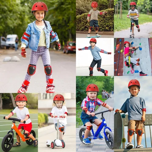 Miniatura 7 de Conjunto de casco de bicicleta para niños pequeños con rodilleras, casco de ciclismo ajustable para niño y niña, equipo de protección Rojo