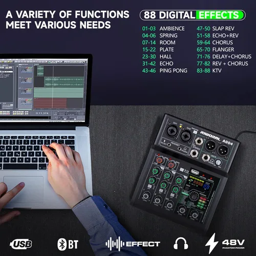 Miniatura 6 de Mezclador de audio de 4 canales con efectos 88 DSP, mesa de mezclas, interfaz USB, Bluetooth, reproductor de música + alimentación fantasma de línea