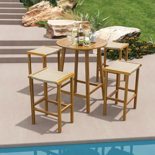 Miniatura 4 de Tangkula Juego de 2 taburetes de bar al aire libre, 30 pulgadas de alto de madera de acacia, taburetes de altura de barra resistentes con asiento