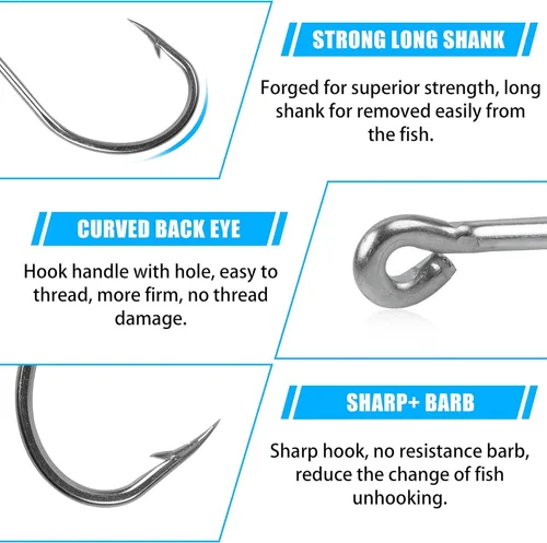 Miniatura 2 de Octopus Beak Hooks, 60pcs/100pcs Stainless Steel Saltwater Fishing Hooks, Suicide Bait Jig, Big Game, Offset Circle Hooks 10