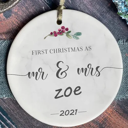 Miniatura 19 de Adorno de matrimonio de 1ª Navidad – Adorno de Navidad «Just Married» – Adorno de señor y señora – Adornos de boda – 1ª Navidad comprometida