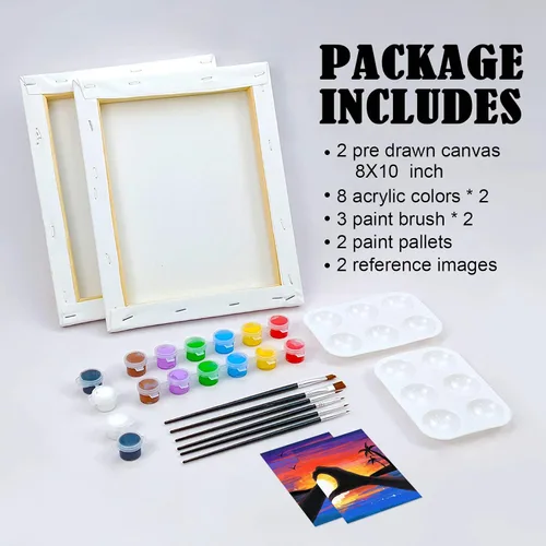 Miniatura 5 de VOCHIC Kit de pintura para sorbos y pinturas, lienzo predibujado para parejas, kit de pintura para adultos, citas, noche, atardecer, corazón