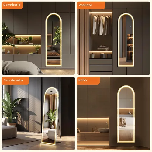 Miniatura 6 de Sweetcrispy Espejo Arqueado de Cuerpo Entero con Luces LED, Espejo de Piso Iluminado de 63"x21" con Atenuación e Iluminación de 3 Colores, Soporte