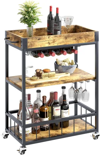 aboxoo Carrito de bar de vino de 3 niveles grande para el hogar, estante de vino rodante con ruedas, carrito de servicio de cocina móvil, estilo