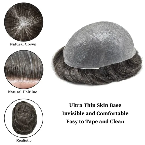 Miniatura 8 de Tupé de pelo para hombres 100% humano europeo todo V-loop Craft 0.001-0.002 in sistemas de reemplazo de pelo de piel ultra fina para hombre toupee