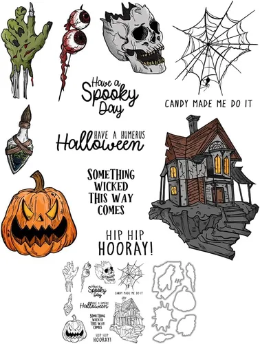 Juego de sellos transparentes espeluznantes y troqueles de corte de metal con diseño de calavera de calabaza de Halloween con paquete de caja de
