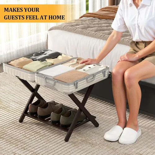Miniatura 4 de Juego de 2 portaequipajes de bambú, totalmente montado, para habitación de invitados, soporte plegable para maleta con estante para zapatos, soporte