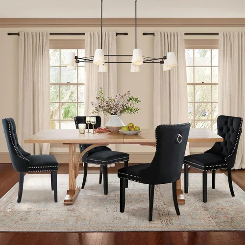 Miniatura 85 de Juego de 2 sillas de comedor tapizadas de terciopelo, sillas laterales de cocina de estilo moderno con ribete de cabeza de clavo y patas de madera