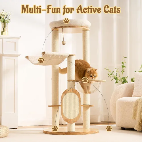 Miniatura 9 de Moderno árbol de madera maciza para gatos de interior de hasta 15 libras, torre para gatos de 49 pulgadas de alto con postes rascadores y rascador