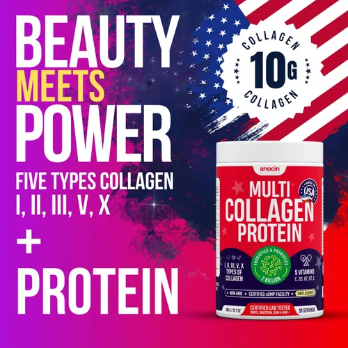 Miniatura 2 de anocin Péptidos de colágeno múltiple con prebióticos + probióticos + tipo I, II, III, V, X + polvo de colágeno hidrolizado con vitamina C+D3+B7+K2+E