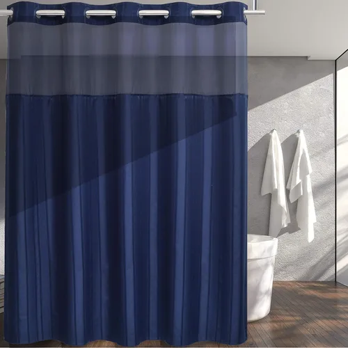 Conbo Mio Cortina de ducha sin ganchos de tela de gofre con forro extraíble, lujosa para hotel, azul oscuro, para baño con ventana transparente en
