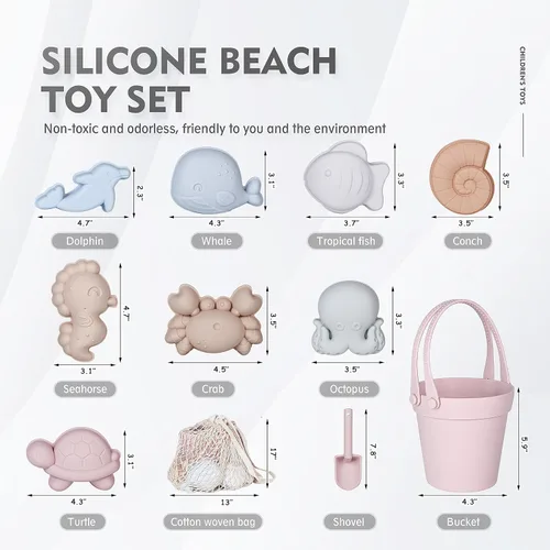Miniatura 2 de MarcZero 11 juguetes de playa de silicona, modernos juguetes de playa para bebés, juego de playa apto para viajes, cubo de silicona, pala, 8 moldes