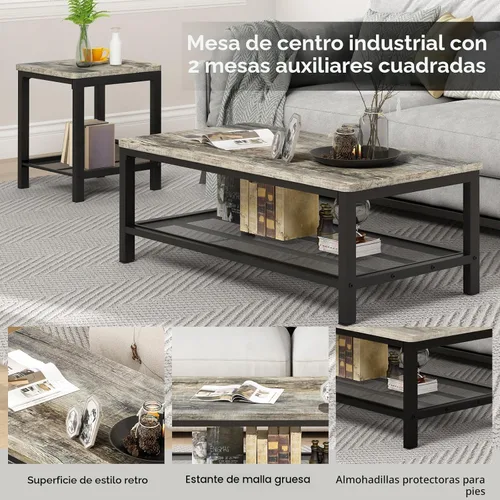 Miniatura 6 de Conjunto de 3 mesas de café AWQM, mesa de café industrial con 2 mesas auxiliares cuadradas, conjunto de mesas modernas para sala de estar con marco