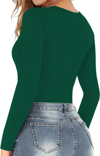Miniatura 3 de MANGOPOP - Enterizos básicos elásticos para mujer, de manga corta o larga y con cuello redondo