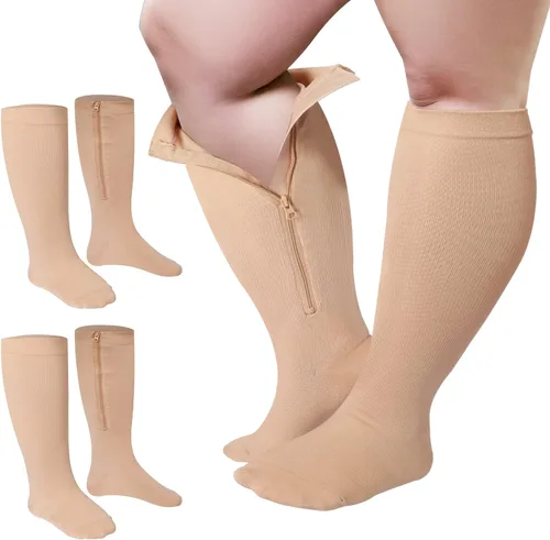 Hillban 2 pares de calcetines de compresión anchos con cremallera de pantorrilla de talla grande de 15 a 25 Mmhg para mujeres y hombres con sobrepeso