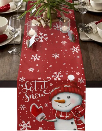 Miniatura 18 de Camino de mesa de muñeco de nieve de Navidad negro – Lino de algodón de 36 pulgadas de largo, bufandas de vestido de Navidad con copo de nieve