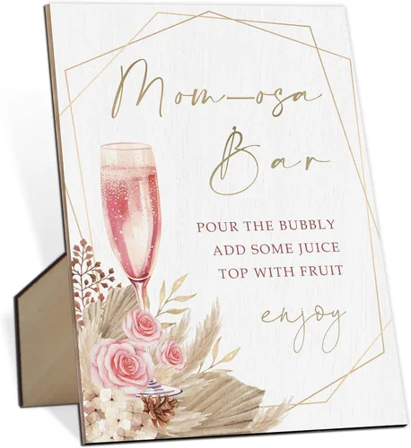 Mom-osa Bar Baby Shower Letrero bohemio floral de género neutro con soporte, letrero de juego de madera para baby shower, cumpleaños, decoración del