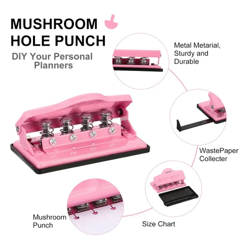 Miniatura 5 de PATIKIL Perforadora de agujero de disco de hongos, perforadora de 4 agujeros para planificador encuadernado en disco, perfora hasta 5 papeles (rosa)