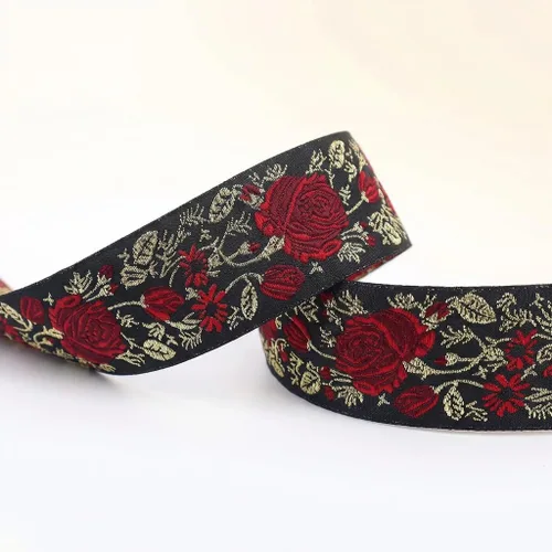 IDONGCAI Cinta jacquard de rosa roja negra de 10 yardas, cinta tejida floral vintage con hilo dorado, ribete de tela decorativa para costura,