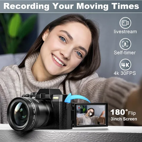 Miniatura 4 de Cámaras digitales 4K para fotografía Cámara de video de 48MP/60FPS para YouTube con pantalla abatible de 3 pulgadas, WiFi de 180°, cámaras de zoom