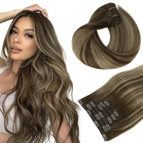 HOTBANANA - Extensiones de cabello humano con pinzas, balayage, color castaño chocolate con rubio miel, 4.23 onzas, cabello humano real, lacio,