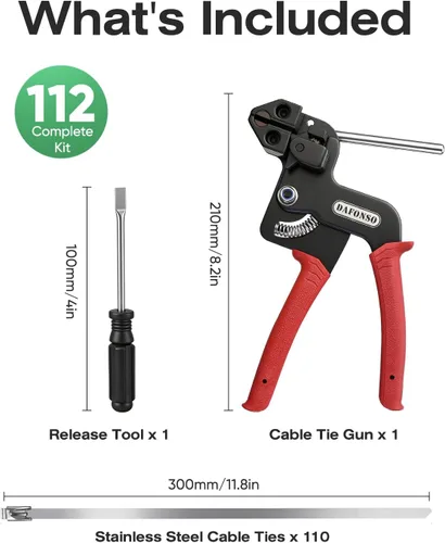 Miniatura 7 de Kit de pistola de sujeción de cables de acero inoxidable 304 resistente con 11.8 pulgadas, 110 bridas de metal - Resistente a los rayos UV y a