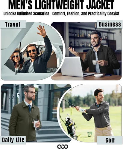 Miniatura 5 de 33,000ft Chaquetas ligeras para hombre, con cremallera completa, rompevientos, cuello ligero, elegante, casual, chaqueta de golf con bolsillos
