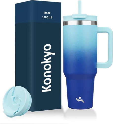 Miniatura 17 de Konokyo - Vaso de 40 onzas con asa y 2 pajillas, botella de agua aislada 2 en 1 con tapa. Taza de viaje de acero inoxidable para café, flores
