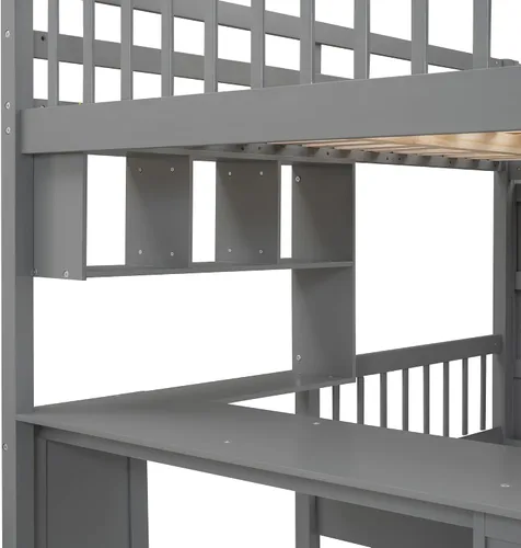 Miniatura 6 de RUNNA Litera matrimonial sobre individual con escritorio, cajones y escaleras, litera de madera maciza para niños, niñas, adolescentes y adultos