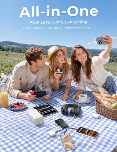 Miniatura 4 de Banco de energía, cargador portátil de 15000 mAh con cable integrado, carga rápida de 22.5 W, 6 salidas, batería esencial de viaje delgada