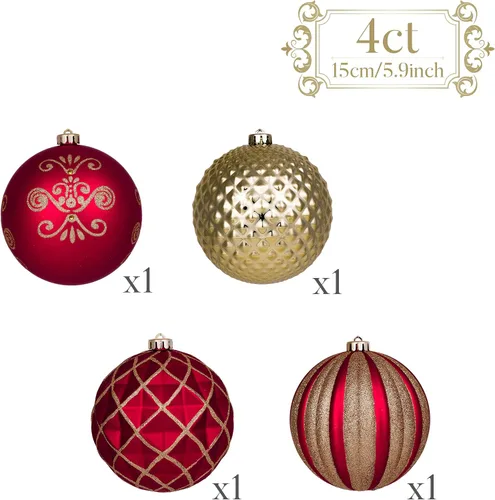 Miniatura 3 de Valery Madelyn Adorno grande para árboles de Navidad, 4 unidades, 5.9 pulgadas, rojo y dorado, inastillable, adornos de bola colgante de lujo a