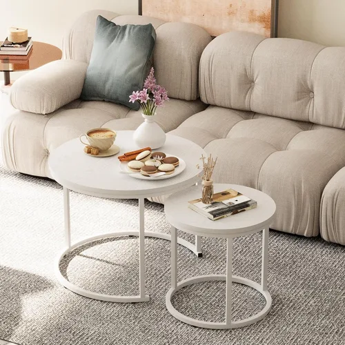 Garden 4 you Mesa de Centro Anidable, Juego de Mesa de Centro Redonda de 23.6", Juego de 2 Mesas Anidables de Madera con Marco de Metal, Mesas Blanco