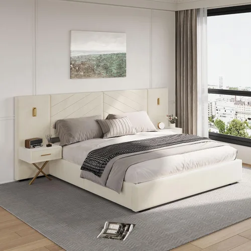 Miniatura 15 de DEINPPA Base de cama Queen de lujo con luces LED doradas integradas y mesitas de noche, cama de plataforma tamaño Queen con cabecera tapizada